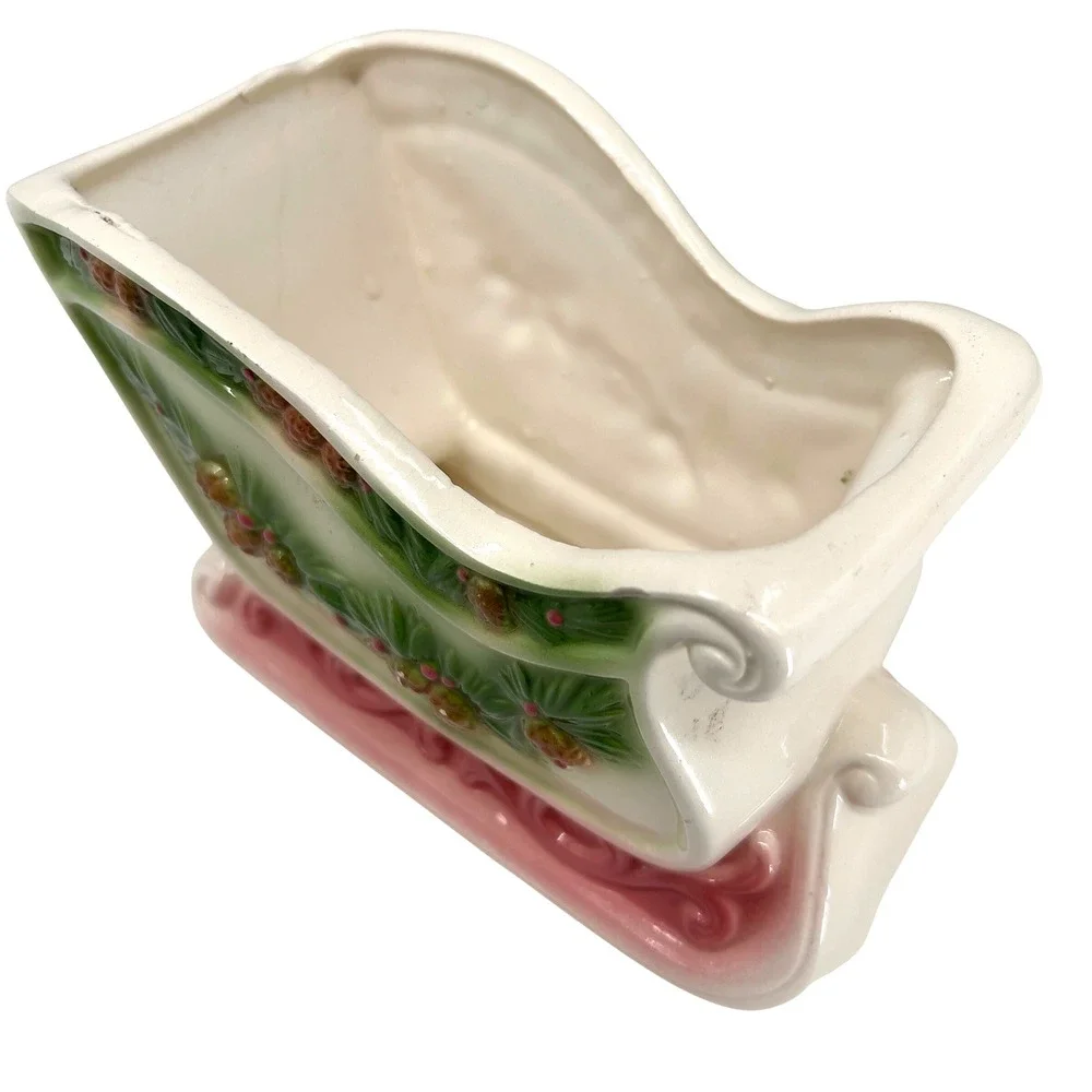 vintage Napcoware Ceramic Christmas Sleigh Planter Vase Holder Pine Cone Holiday